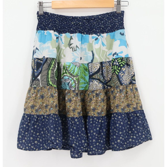 Boho Patchwork Tiered Mini Skirt Cottage Peasant 70s Smocked Waist Floral Size S - Picture 3 of 10